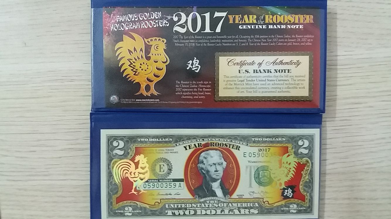 Tiền 2 USD hình con gà 2017 - TLX056