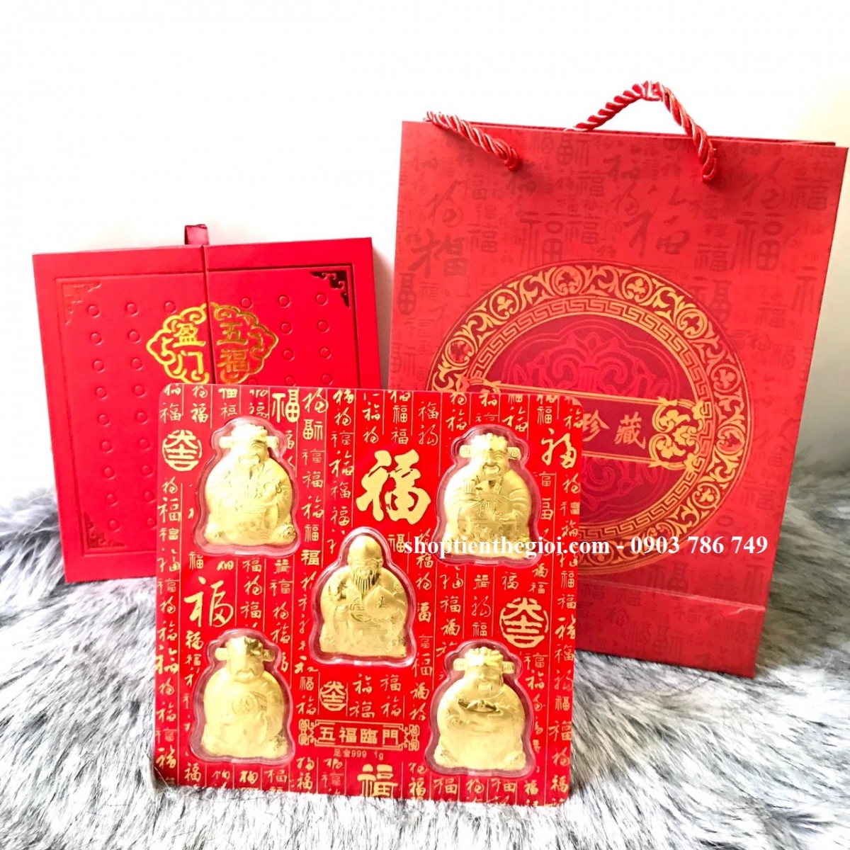 Hộp quà Ngũ Phúc - Phúc Lộc Thọ Tài Hỷ Mạ Vàng 24k