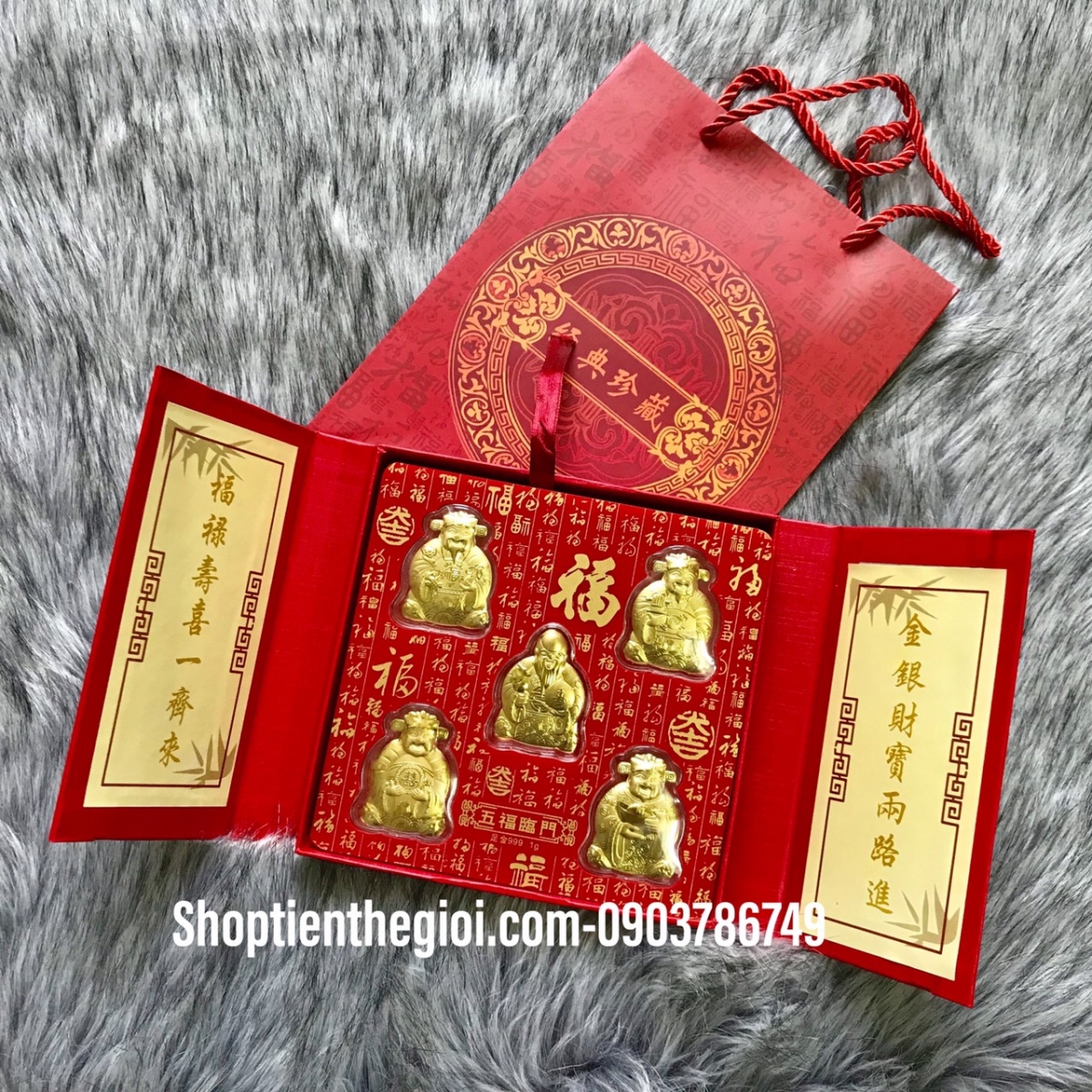 Hộp quà Ngũ Phúc - Phúc Lộc Thọ Tài Hỷ Mạ Vàng 24k