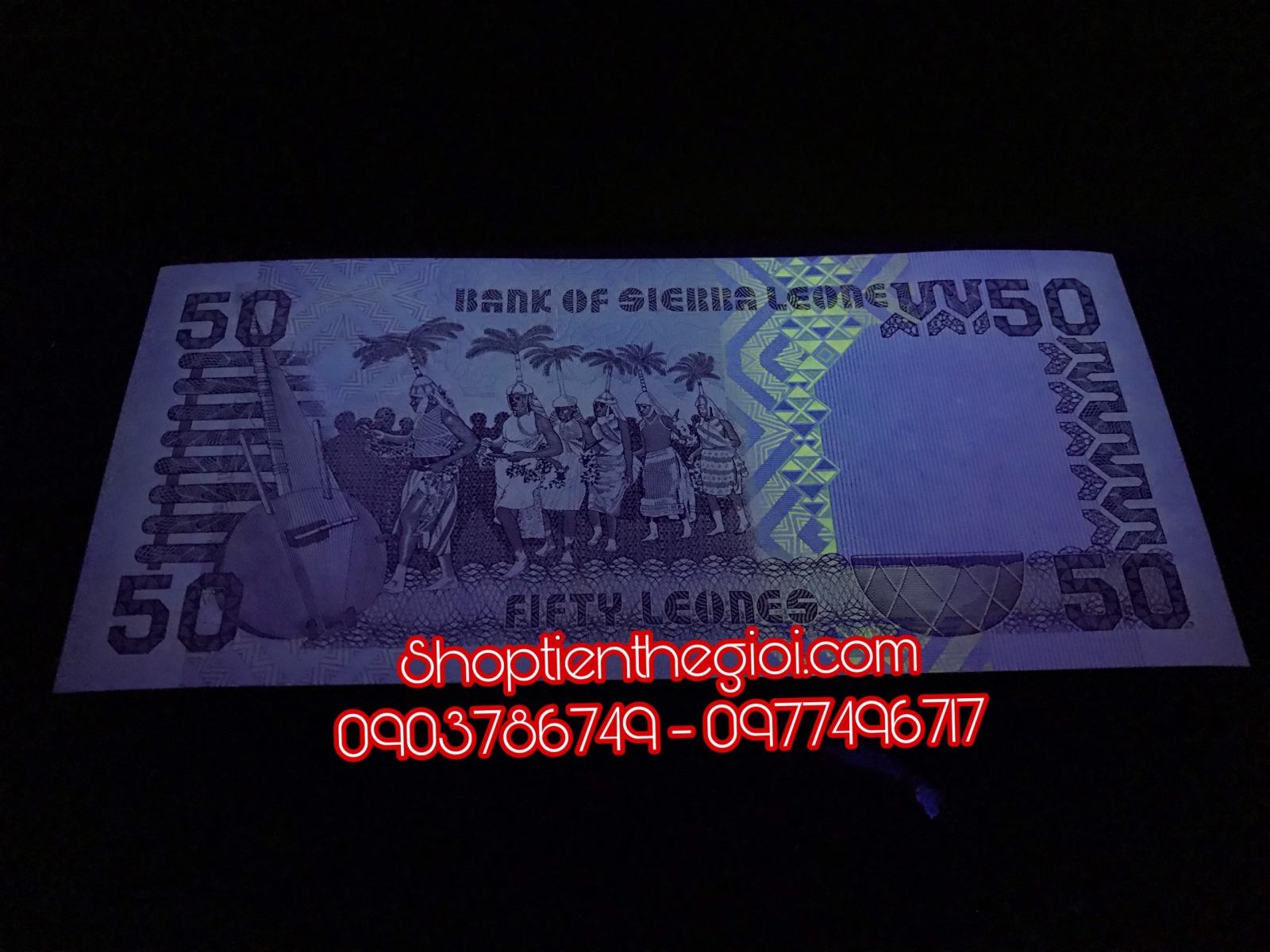 Tiền Sierra Leone 50 Leones 1989 UNC dưới tia UV