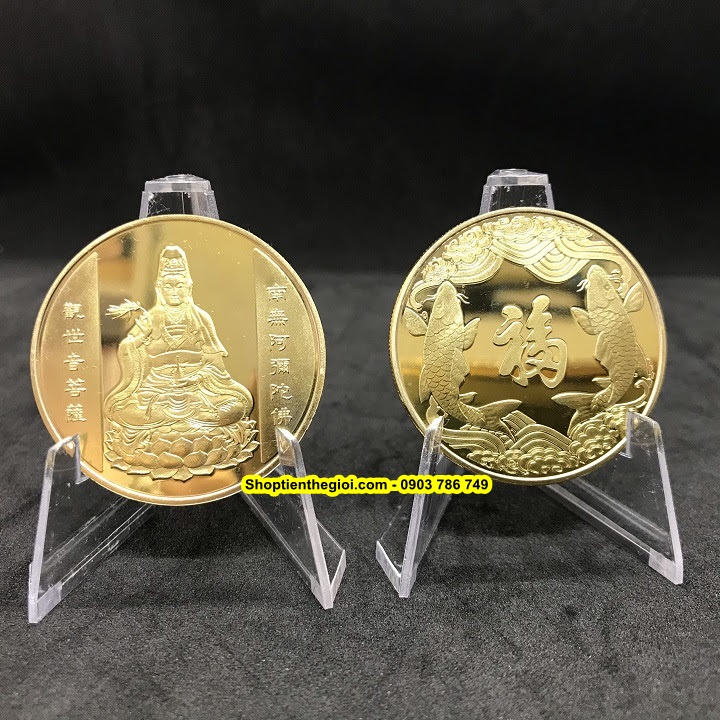 Móc khóa Xu Quan Âm Mạ Vàng Cá Chép - SP002386