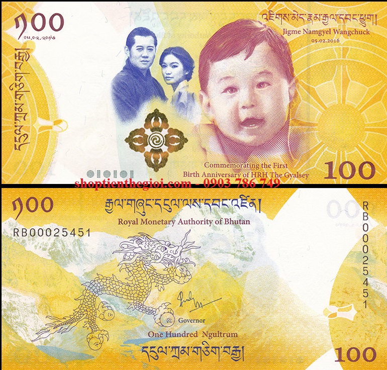 Bhutan 100 ngultrum 2016 kỷ niệm 1 năm ngày sinh thái tử jigme namgyel