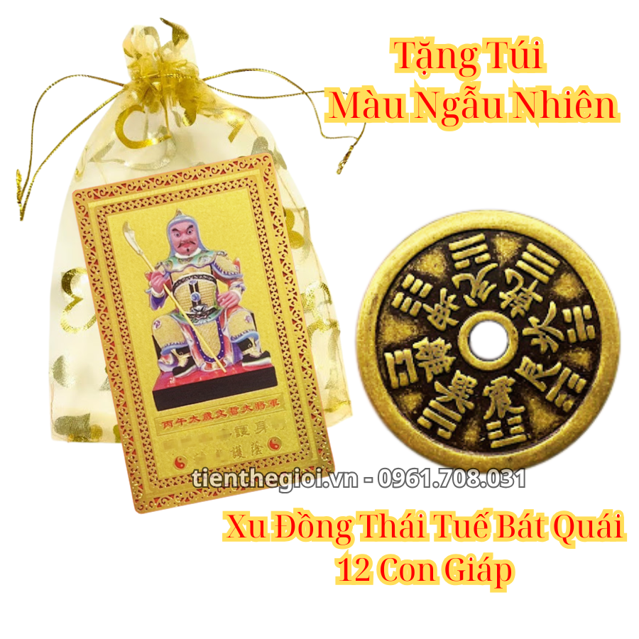 Túi Kim Bài Thái Tuế Năm Ngọ 2026 Kèm Xu Đồng Thái Tuế Bát Quái 12 Con Giáp Đường Kính 42mm