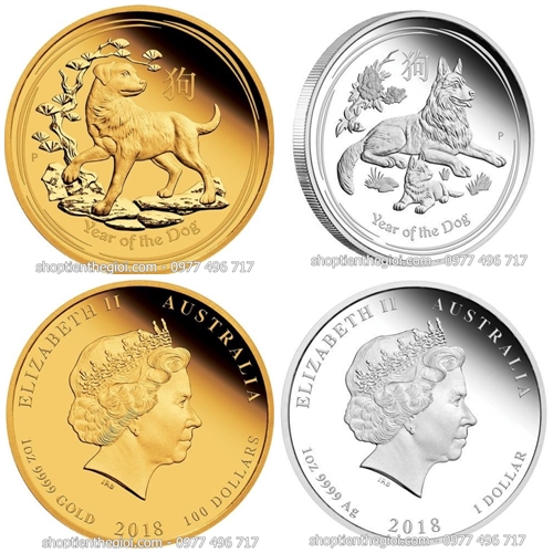 Cặp xu Úc Vàng Bạc hình con chó 2018
