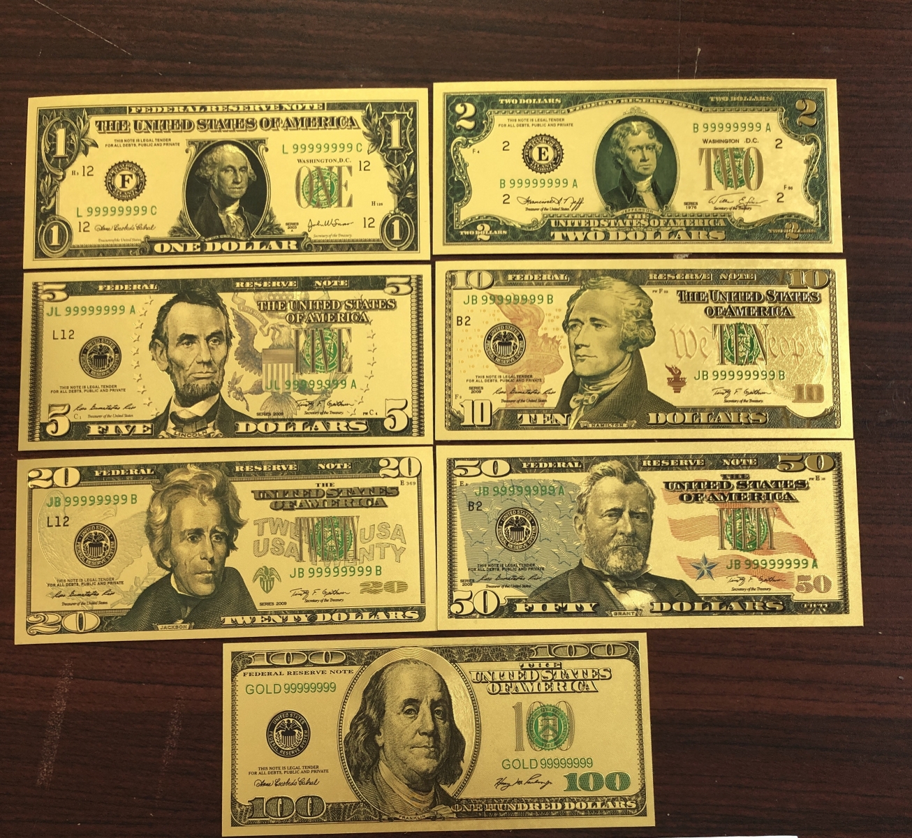 Bộ 7 tờ tiền USD mạ vàng plastic