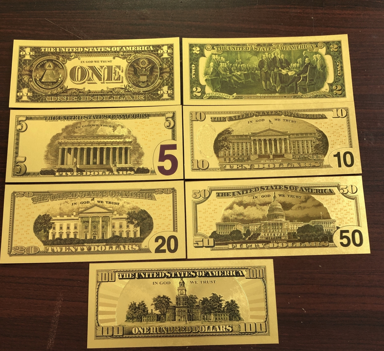 Bộ 7 tờ tiền USD mạ vàng plastic