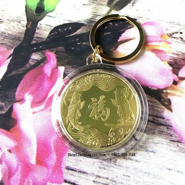 Móc khóa Xu Quan Âm Mạ Vàng Cá Chép - SP002386