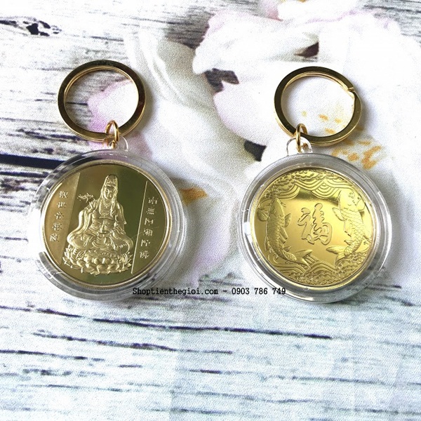 Móc khóa Xu Quan Âm Mạ Vàng Cá Chép - SP002386
