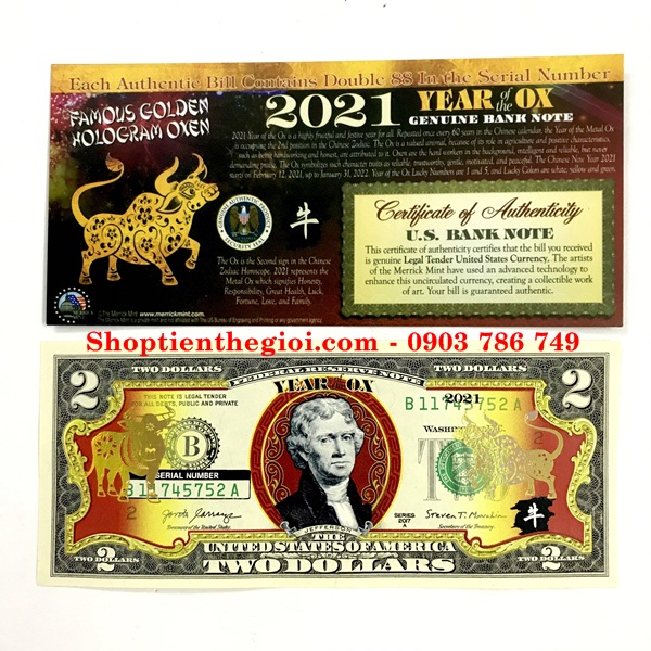 Tiền 2 USD Hình Con Trâu Mạ Vàng 2021 - SP005054