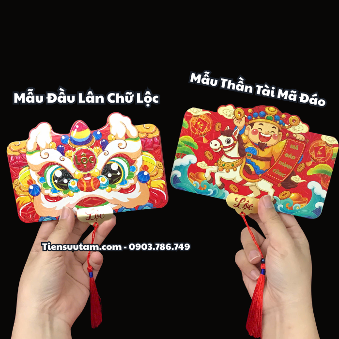 Bao lì xì 6 ngăn hình Đầu Lân Và Hình Thần Tài Mã Đáo