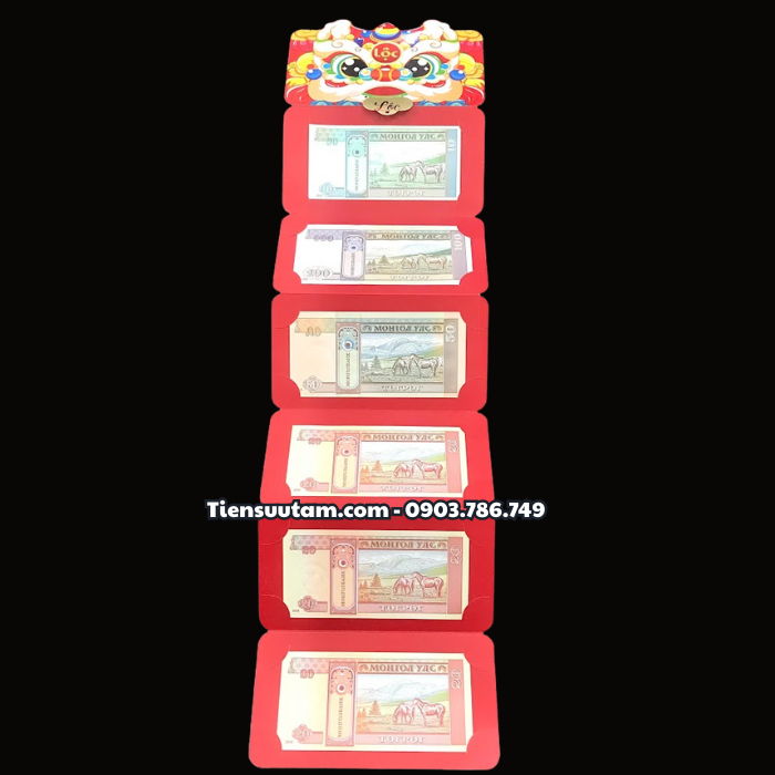 Bao Lì Xì HÌnh Đầu Lân Và Hình Thần Tài 6 Tờ Mã Đáo Thành Công Mông Cổ