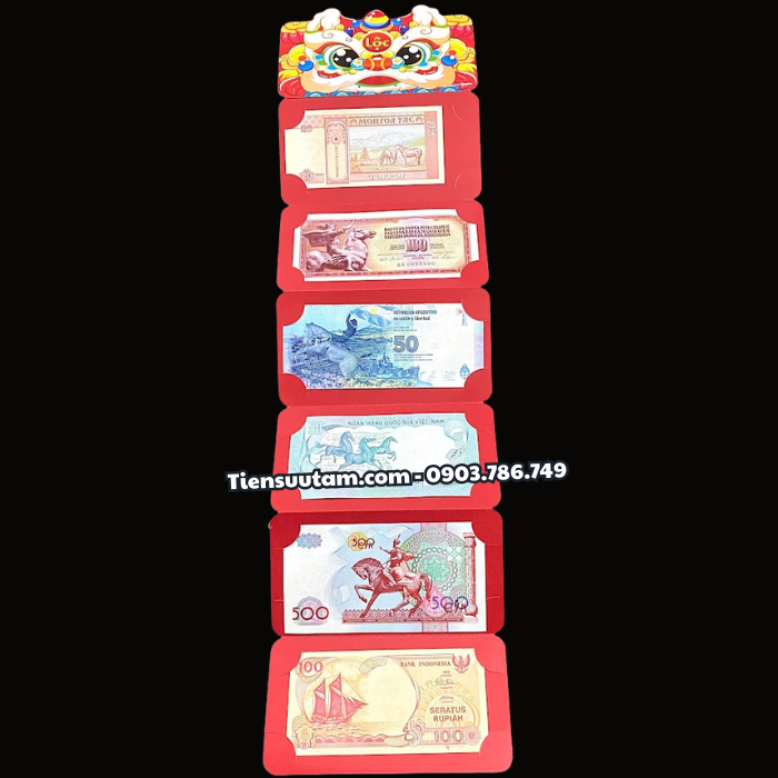 Bao Lì Xì Hình Đầu Lân Và Hình Thần Tài Có 6 Tờ Tiền Thế Giới Mã Đáo Thành Công Thuận Buồm Xuôi Gió