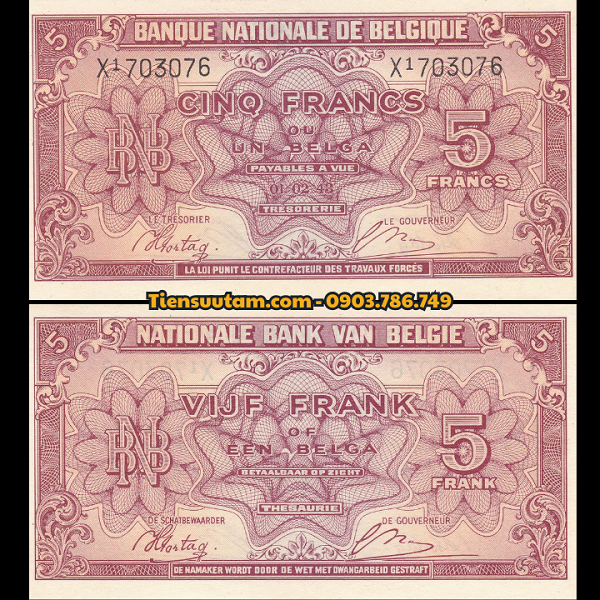 Belgium-Bỉ 5 Frances 1 Belga 1943 XF - SP008230