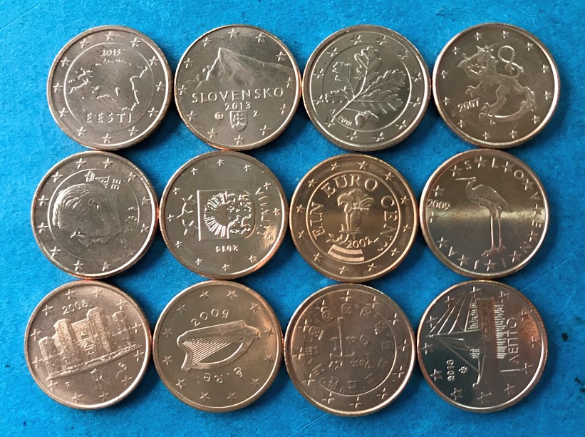 Bộ tiền 12 xu 1 cent của 12 nước và liên bang châu Âu Euro
