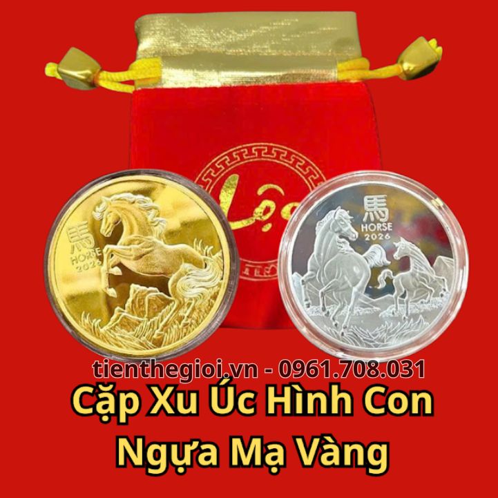 Cặp Xu Úc Hình Con Ngựa Mạ Vàng Bạc tặng Túi Gấm Lộc - SP008170