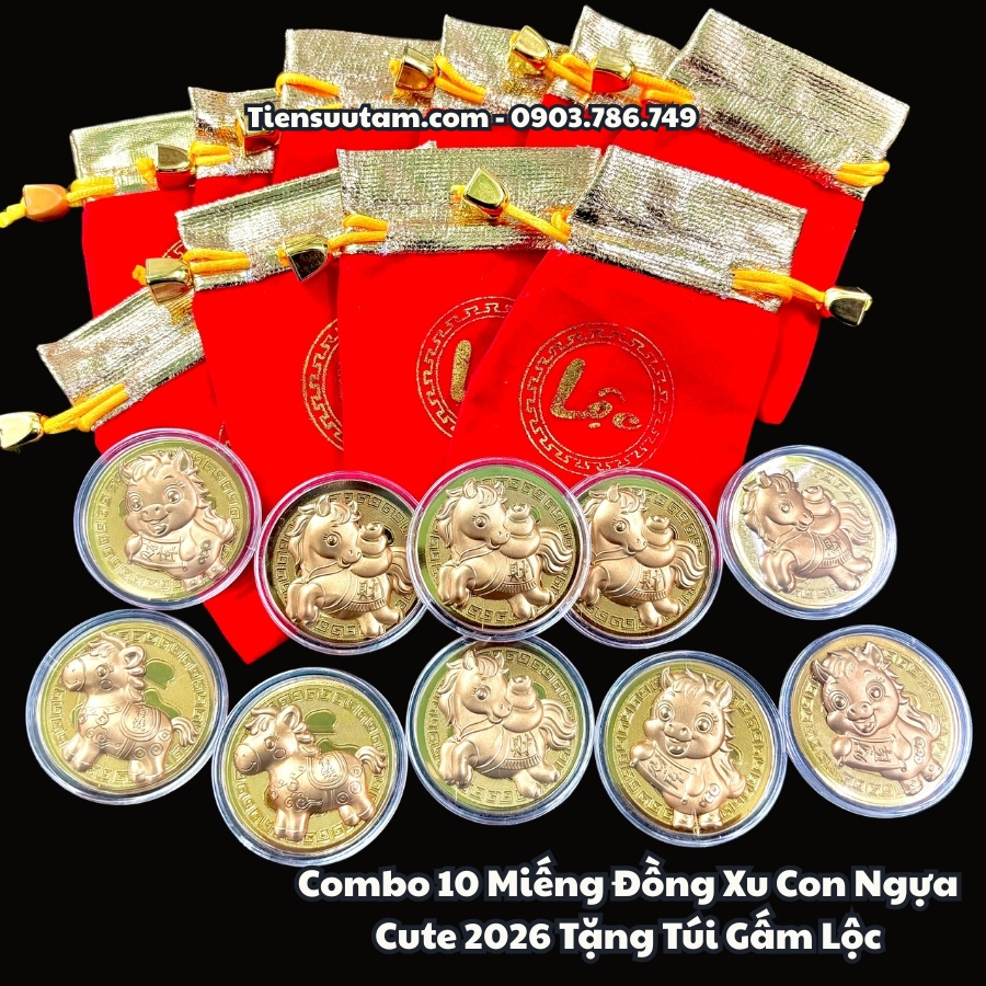 Combo 10 Miếng Đồng Xu Con Ngựa Cute 2026 Tặng Túi Gấm Lộc - SP005930