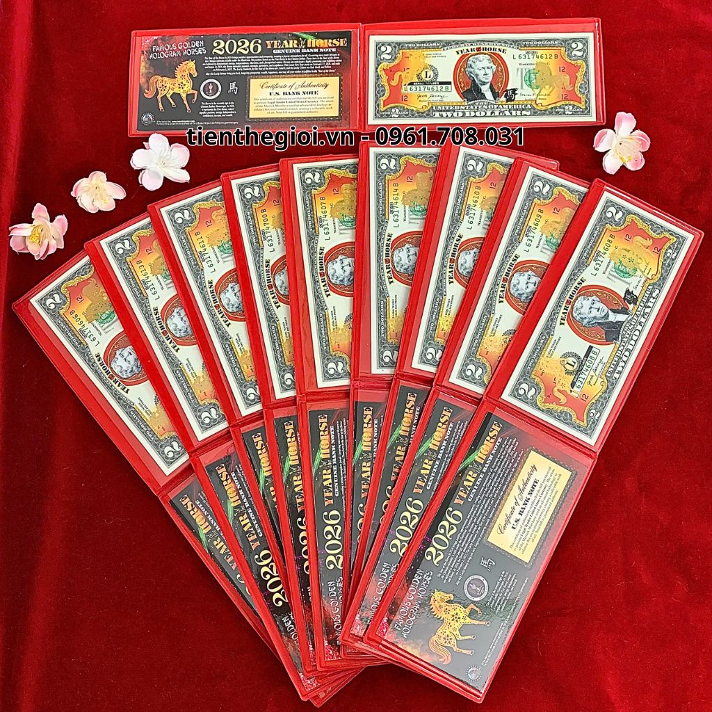 Combo 10 Tiền 2 USD Hình Con Ngựa Mạ Vàng 2026 In Màu - SP008180