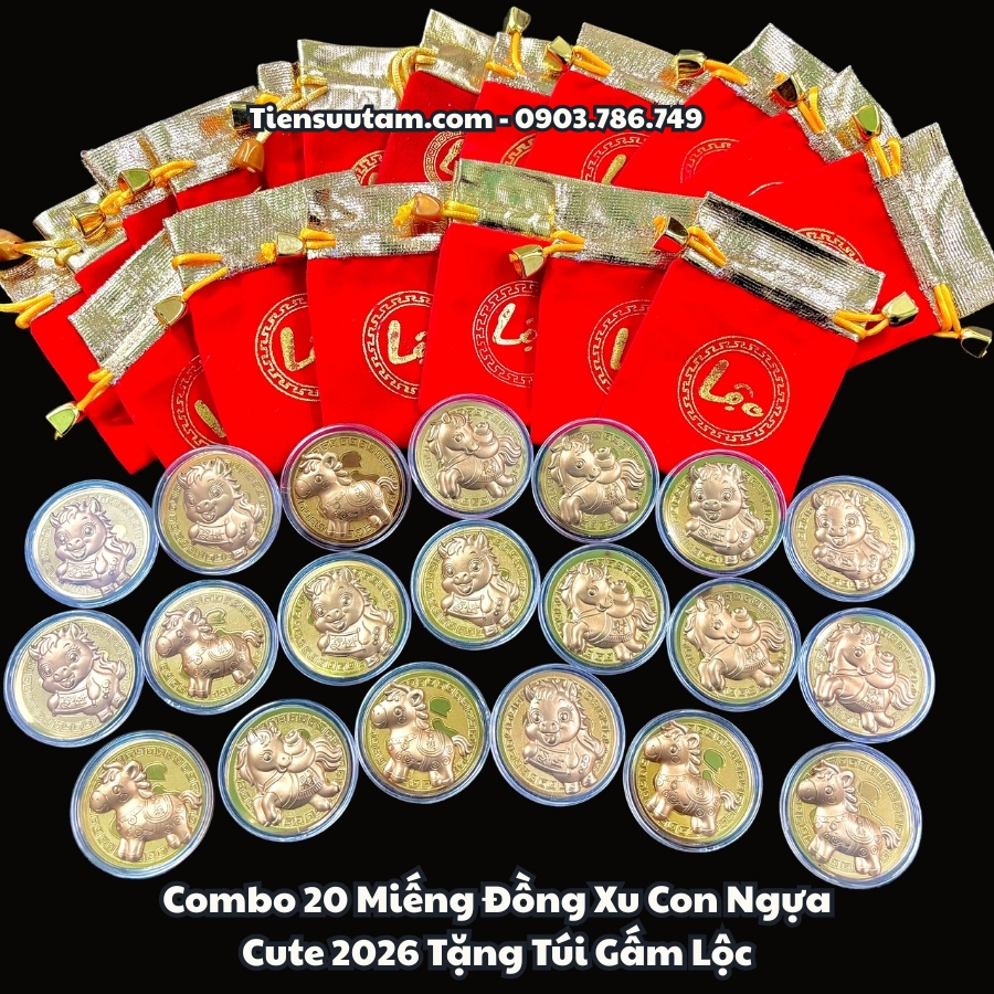 Combo 20 Miếng Đồng Xu Con Ngựa Cute 2026 Tặng Túi Gấm Lộc - SP005931