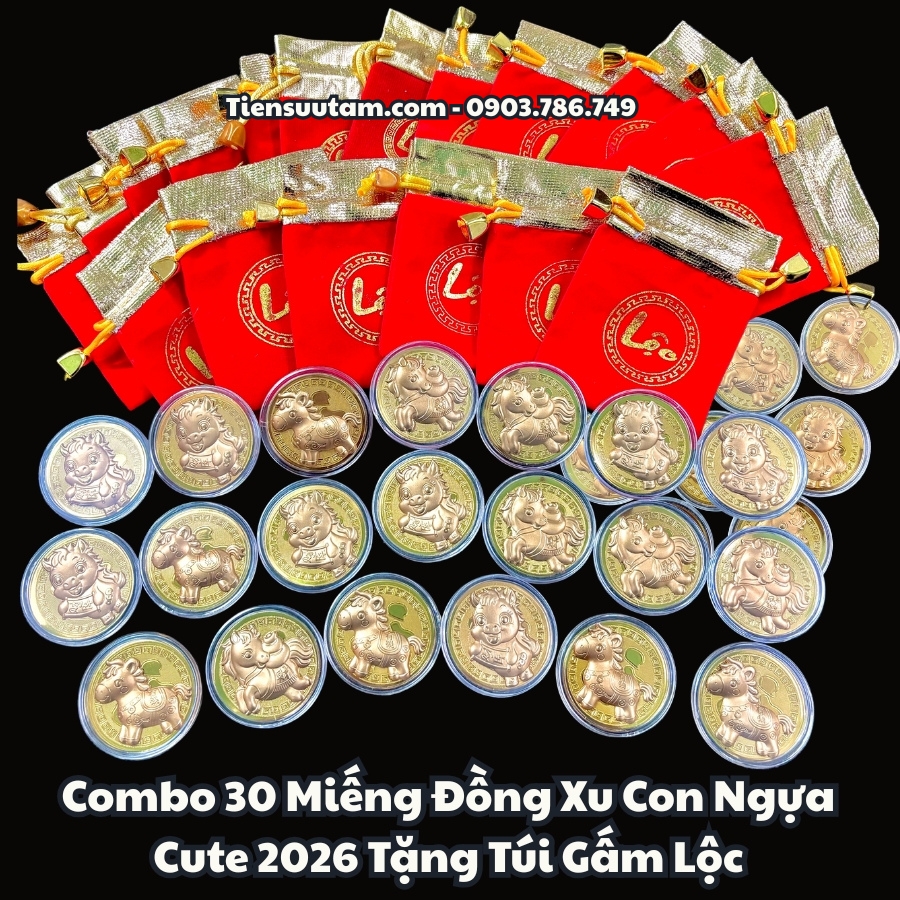 Combo 30 Miếng Đồng Xu Con Ngựa Cute 2026 Tặng Túi Gấm Lộc - SP005932