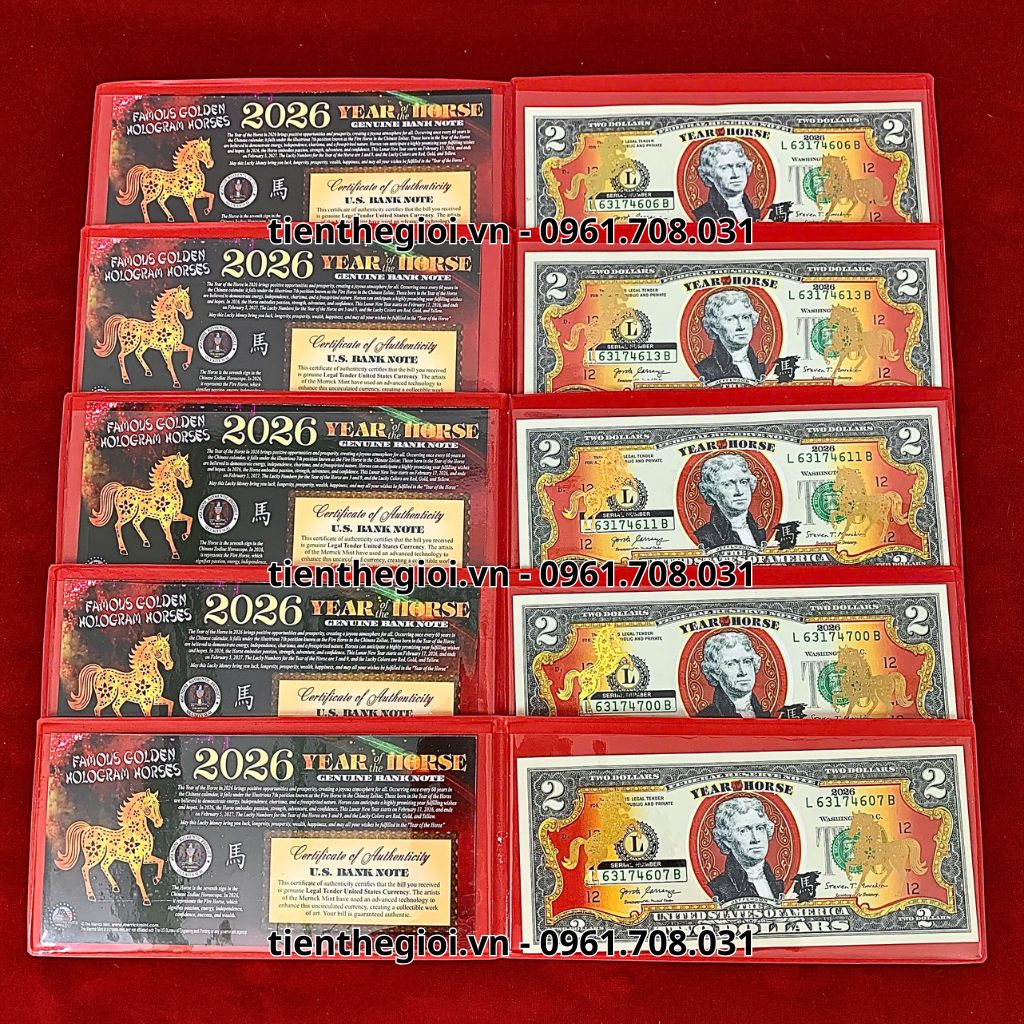 Combo 5 Tiền 2 USD Hình Con Ngựa Mạ Vàng 2026 In Màu - SP008181