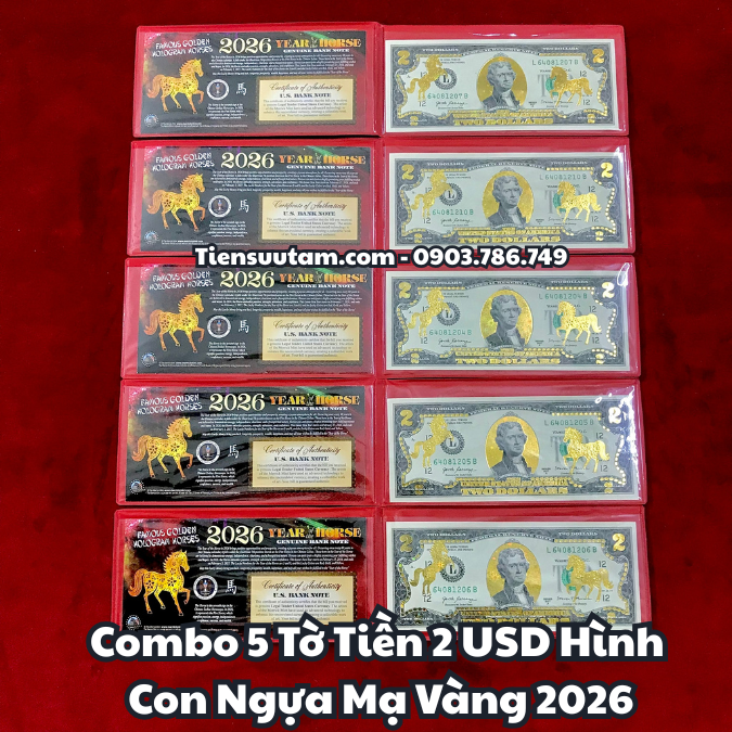 Combo 5 Tờ Tiền 2 USD hình con Ngựa Mạ Vàng 2026 - SP008208