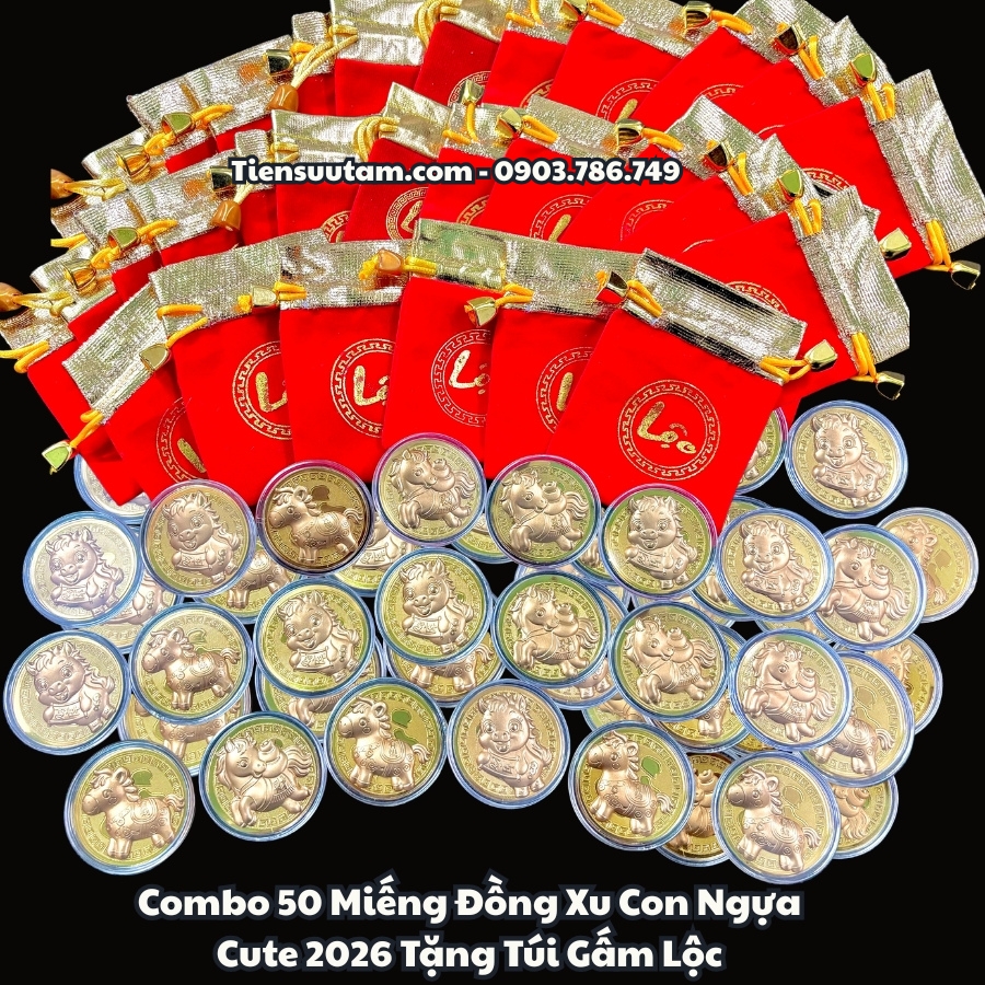Combo 50 Miếng Đồng Xu Con Ngựa Cute 2026 Tặng Túi Gấm Lộc - SP005933