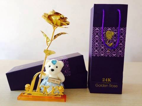 combo3 Hoa hồng mạ vàng 24k + Đế chữ LOVE + Gấu bông