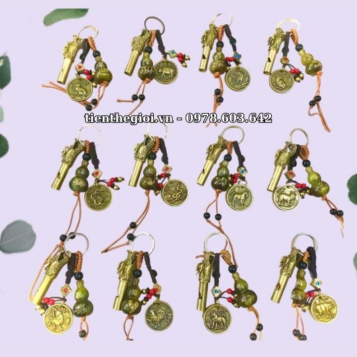 Móc Khoá Còi Đầu Rồng Đồng Hồ Lô Mặt Xu 12 Con Giáp