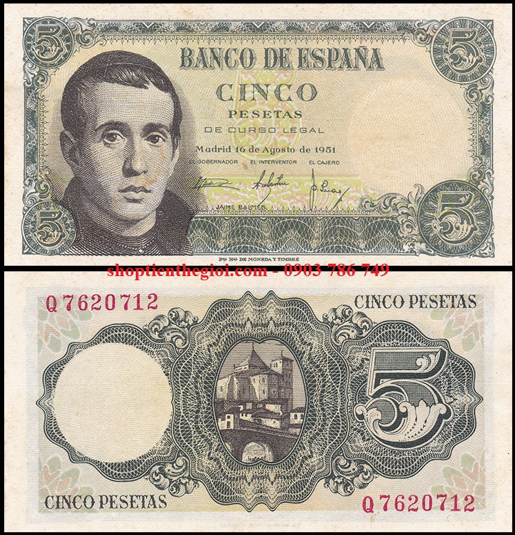 Spain - Tây Ban Nha 5 Pesetas 1951 UNC