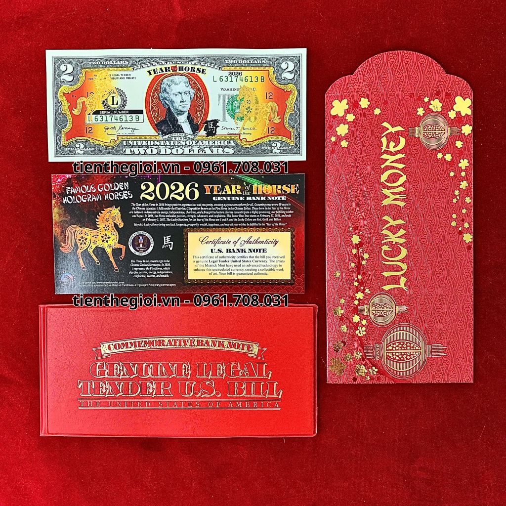 Tiền 2 USD Hình Con Ngựa Mạ Vàng 2026 In Màu - SP008179