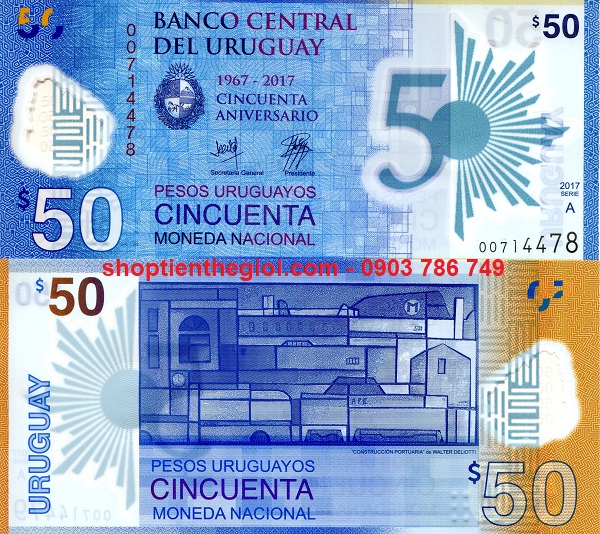 Uruguay 50 Pesos 2017 UNC Polyme Kỷ niệm 50 năm thành lập ngân hàng (tờ) - TT000593