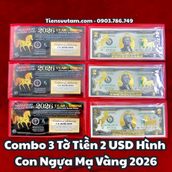 Combo 3 Tờ Tiền 2 USD hình con Ngựa Mạ Vàng 2026 - SP008207