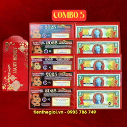 Combo 5 Tiền 2 USD Hình Con Rắn Mạ Vàng 2025 In Màu - SP005885