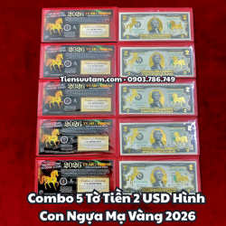 Combo 5 Tờ Tiền 2 USD hình con Ngựa Mạ Vàng 2026 - SP008208