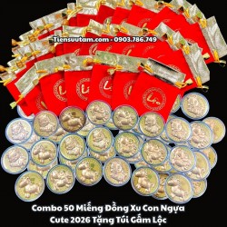 Combo 50 Miếng Đồng Xu Con Ngựa Cute 2026 Tặng Túi Gấm Lộc - SP005933